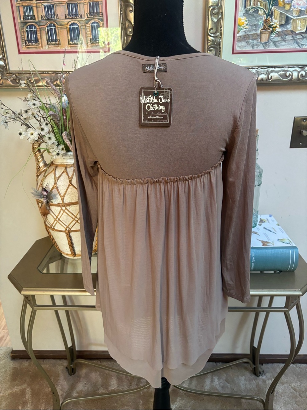 Matilda Jane Taupe Tunic Tulle Overlay Baby Doll Empire Style Top Size XS NWT